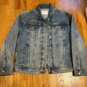 Old Navy Blue Jean Jacket with Rainbow Embroidery